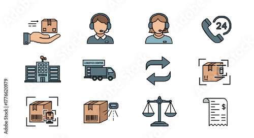 Ecommerce and logistics services icons for customer support and delivery solutions
