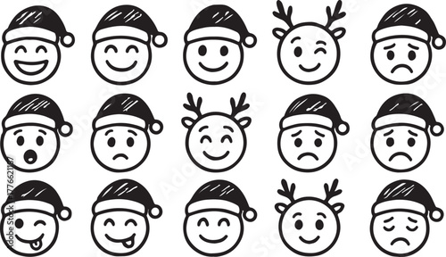 christmas emoji faces doodle set