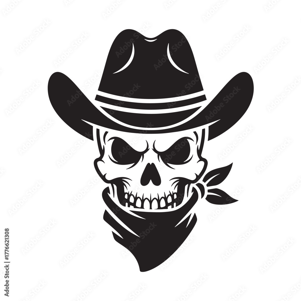 Fototapeta premium Cowboy Skull Graphic Silhouette with Hat Bandana Western Vector Symbol