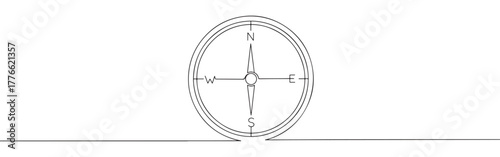 A continuous line drawing of a compass with clear North, East, South, and West cardinal points, symbolizing guidance and direction on a white background.