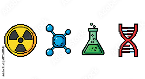 Pixel art science icons radiation, molecule, flask, dna for education and design