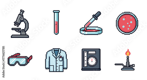 Pixel art science icons microscopes, lab equipment, and chemistry tools