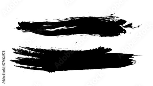 Set of black grunge brush strokes isolated on white background. Abstract dry paint and ink textures perfect for banners, highlights, artistic backgrounds, and modern graphic design projects.