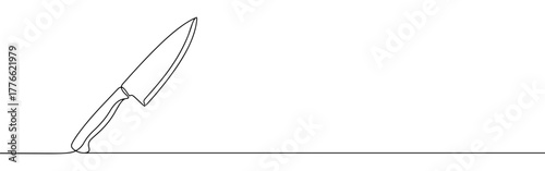 A continuous line drawing of a chef's knife or kitchen knife, depicted standing upright, showcasing a minimalist and clean aesthetic on a white background.	