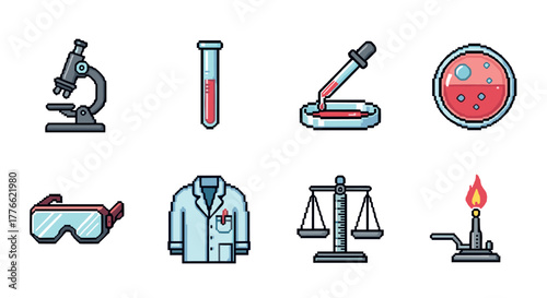 Pixel art science icons set microscope, test tube, petri dish, bunsen burner