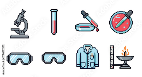 Set of pixel science icons featuring lab equipment and safety gear