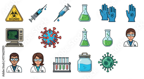 Pixel art science icons chemistry, virus, laboratory equipment, safety gear