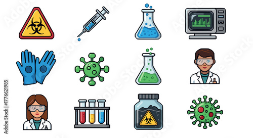 Colorful laboratory icons featuring virus, lab equipment, and science tools for medical and scientific projects