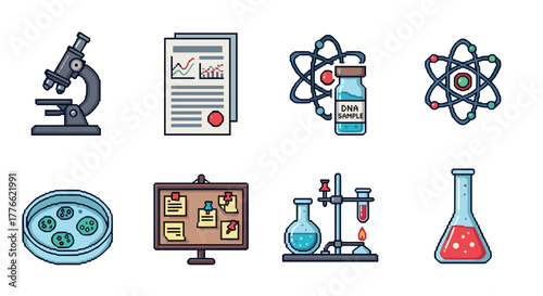 Pixel art science icons featuring microscopes and laboratory equipment