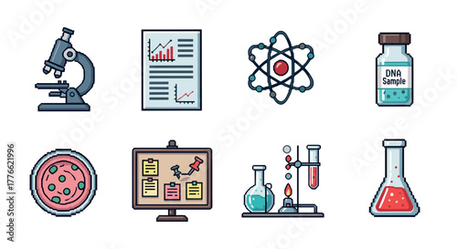 Science icons set featuring dna sample, microscope, and chemistry equipment in pixel art style