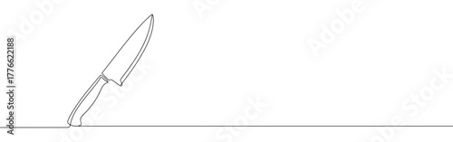 A continuous line drawing of a chef's knife or kitchen knife, depicted standing upright, showcasing a minimalist and clean aesthetic on a white background.	