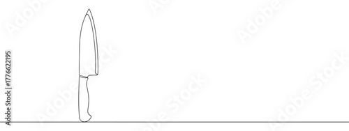 A continuous line drawing of a chef's knife or kitchen knife, depicted standing upright, showcasing a minimalist and clean aesthetic on a white background.	