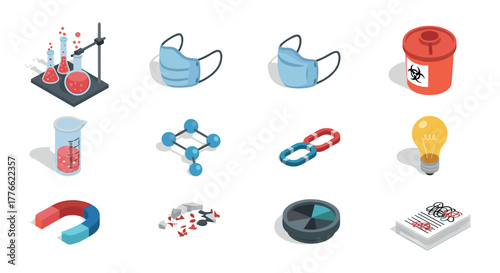 Isometric science and safety icon set with masks, lab equipment, and molecule structure