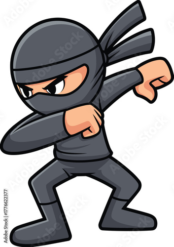 Cartoon illustration of black ninja character in action pose, martial arts fighter, stealth warrior concept, Japanese assassin design artwork