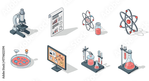 Isometric science icons featuring lab equipment and research tools