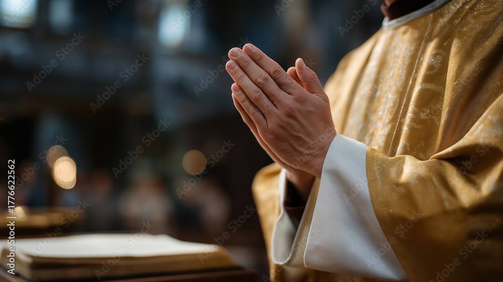 Obraz premium Priest blessing the congregation during a Christmas mass, emotion of spiritual connection and serenity visible, symbolizing sacred rituals, holiday religious observances, and inclusive church
