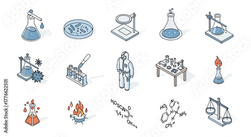 Isometric science lab equipment and chemical experiments in modern style