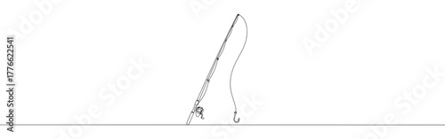 A continuous line drawing of a fishing rod leaning diagonally with its line and hook extending downwards, capturing the essence of angling on a white background.