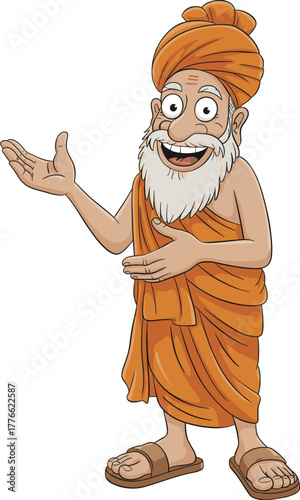 Cartoon illustration of smiling Indian monk with white beard wearing orange robe and turban, spiritual guru character design concept