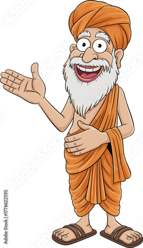 Cartoon illustration of smiling Indian monk with white beard wearing orange robe and turban, spiritual guru character design concept