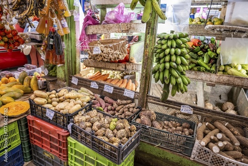 Display of fruit and vegetables at a market stall, Mercado Central de San José, San José, Costa Rica