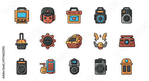 Retro gadgets and tech icons in flat style