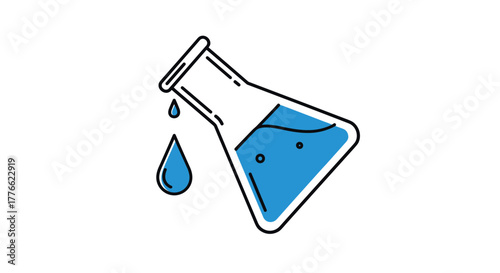 Colorful laboratory flask with blue liquid and droplet in linear style