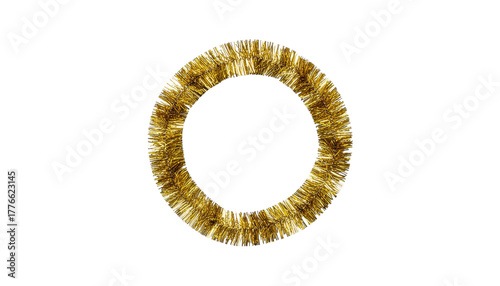 Golden tinsel garland formed into a circle or ring shape, slightly uneven and textured, centered in the frame, clean white background