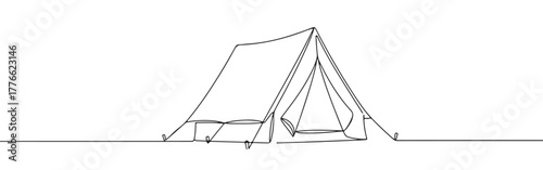 A continuous line drawing of tent with its entrance flap open, symbolizing camping, adventure, and the outdoors on a white background.