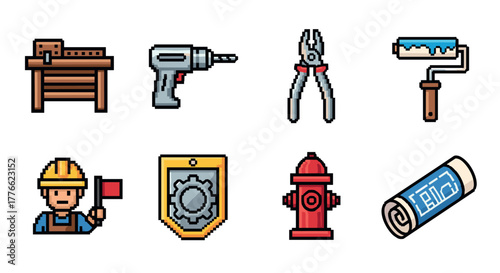 Pixel art construction and diy tools with worker and safety equipment