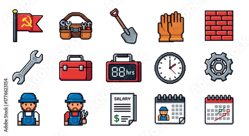 Construction and labor icons collection with retro pixel art style