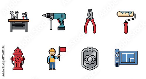 Construction tools and equipment icons in pixel art style for diy projects