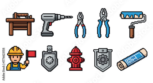 Pixel art construction and repair tools with worker icon set