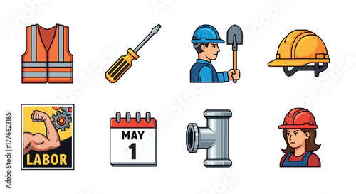 Pixel art construction icons workers, tools, and safety gear for labor day
