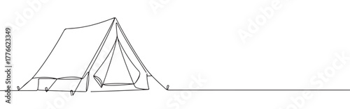 A continuous line drawing of tent with its entrance flap open, symbolizing camping, adventure, and the outdoors on a white background.