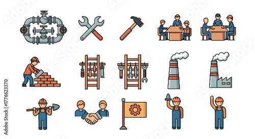 Industrial icons collection featuring workers, tools, and factories in flat design