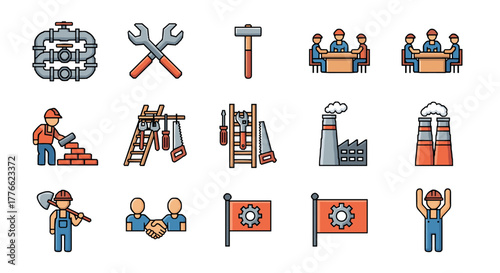 Flat industrial icons set featuring construction tools and business meeting scenes