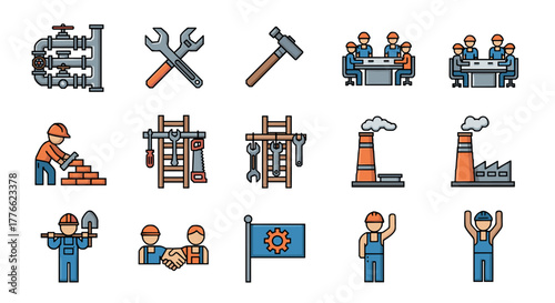 Industrial and construction icons set for productivity and teamwork concepts