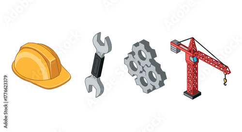 Construction tools and equipment icons in isometric style for industrial design