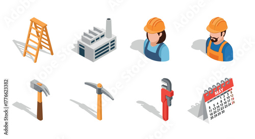 Industrial tools and professionals in isometric style for construction and planning