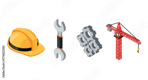 Isometric construction tools and equipment hard hat, wrench, gears, and crane