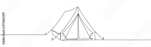 A continuous line drawing of tent with its entrance flap open, symbolizing camping, adventure, and the outdoors on a white background.