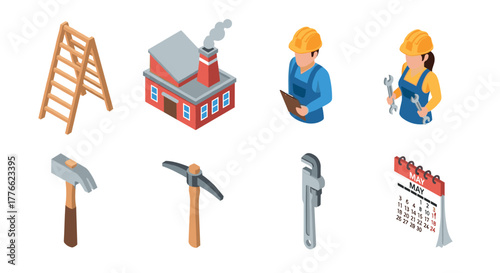 Isometric construction tools and characters with factory and calendar elements