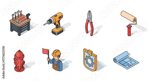 Isometric tools and construction icons set for work and repair projects