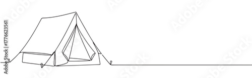 A continuous line drawing of tent with its entrance flap open, symbolizing camping, adventure, and the outdoors on a white background.
