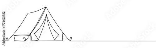 A continuous line drawing of tent with its entrance flap open, symbolizing camping, adventure, and the outdoors on a white background.