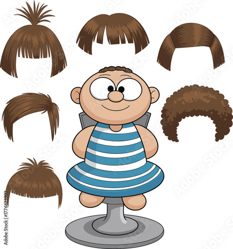 Funny cartoon illustration of boy choosing different hairstyles, hair styling concept, hair salon idea, hairstyle variety, creative character design
