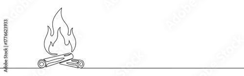 A continuous line drawing of a campfire with two logs burning and flames rising, evoking warmth, gathering, and outdoor experiences on a white background.