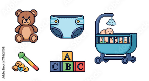 Pixel art baby essentials toy, diaper, cradle, abc blocks, rattle