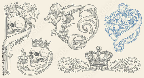 Vintage engraving of crowned skulls entwined with flowers and ribbons, detailed hand-drawn baroque illustration in classic etching style.